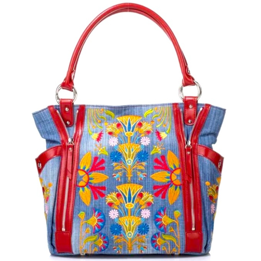Sharif Embroidered Denim Leather Tote Shoulder Crossbody Bag Blue Red